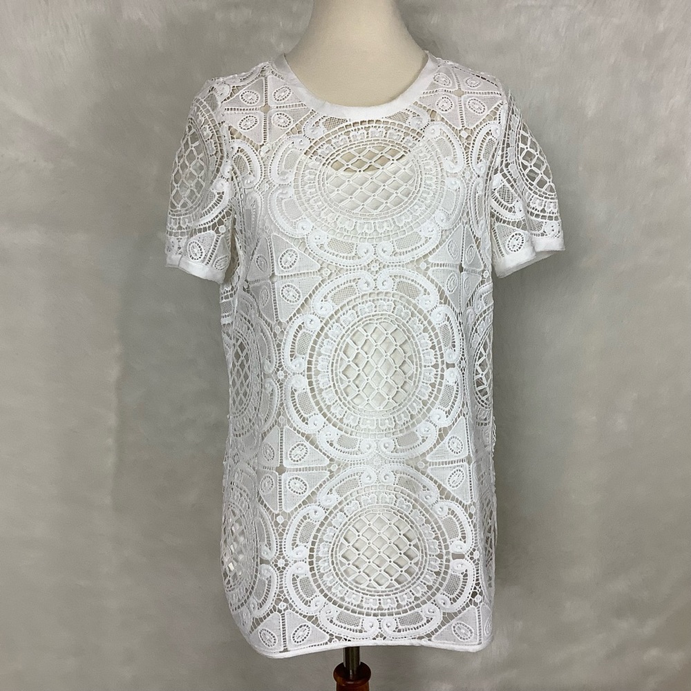 Sundance Sheer White Lace Short Sleeve Top With Camisole S